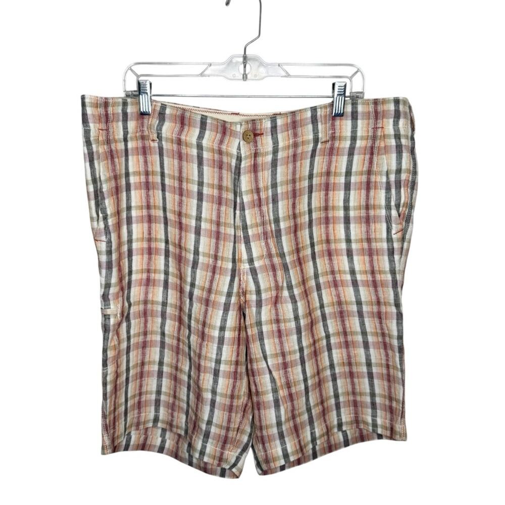 TOMMY BAHAMA / Relax orange red white plaid 100% linen shorts / 38